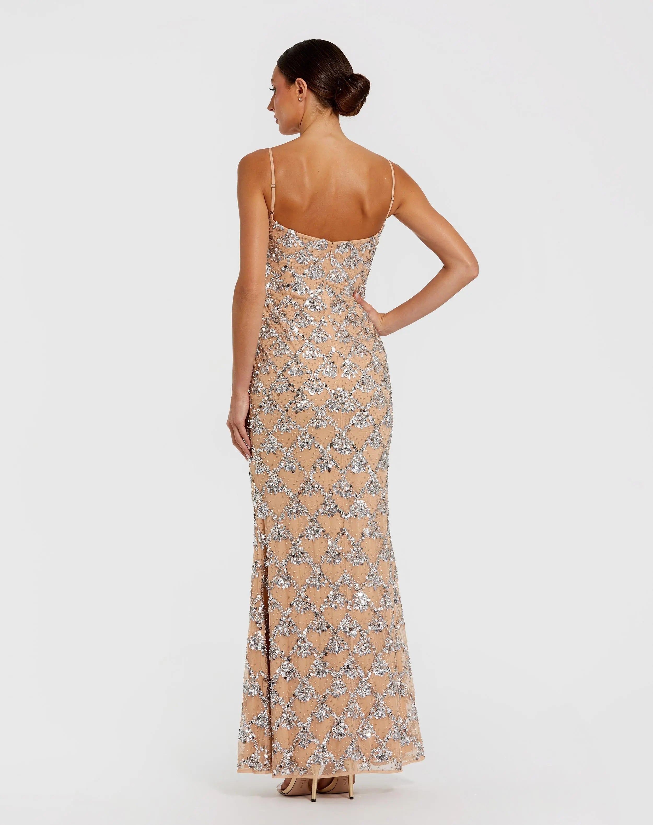 Nude Sleeveless Rhinestone Embellished Gown
