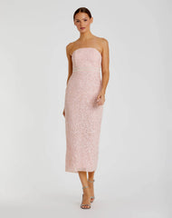 Pink Pearl Embellished Strapless Midi Dress