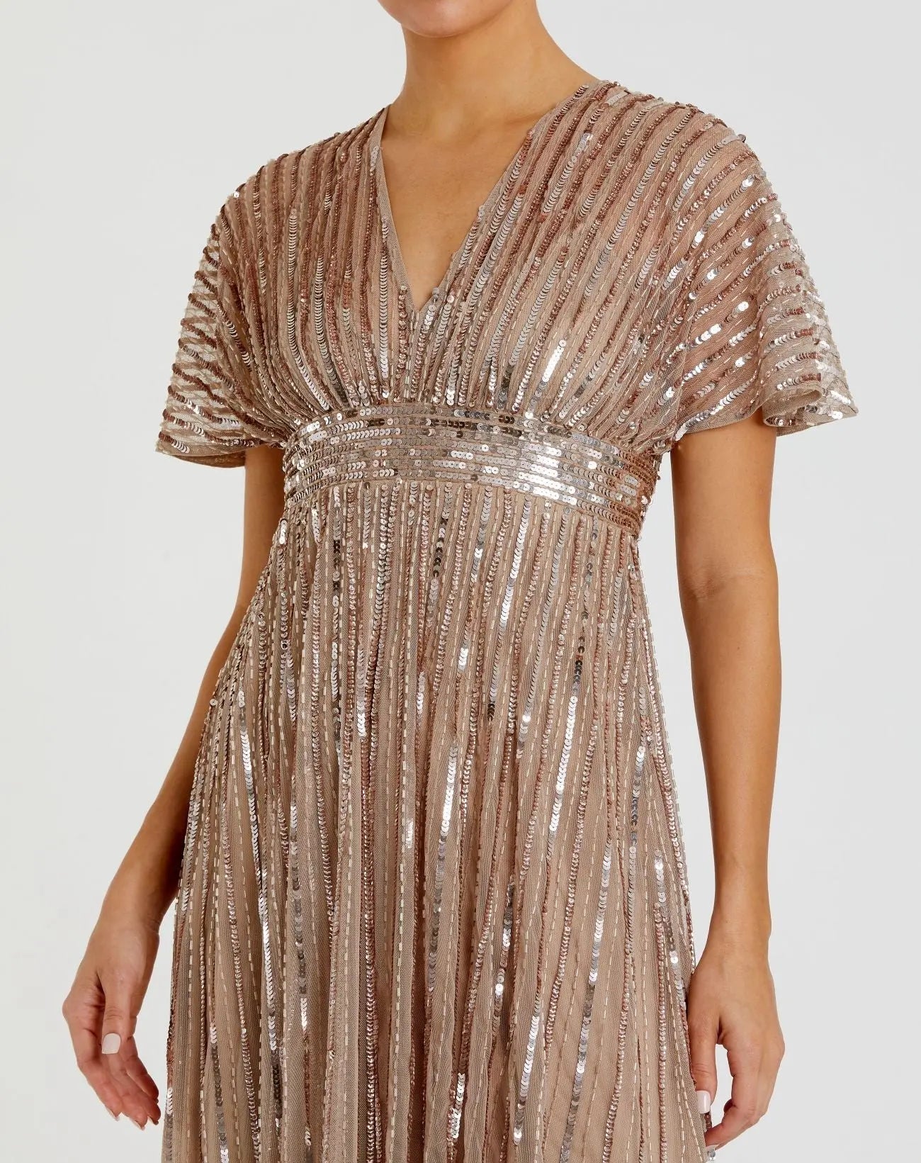 Beige Embellished Short Sleeve Empire Waist Gown