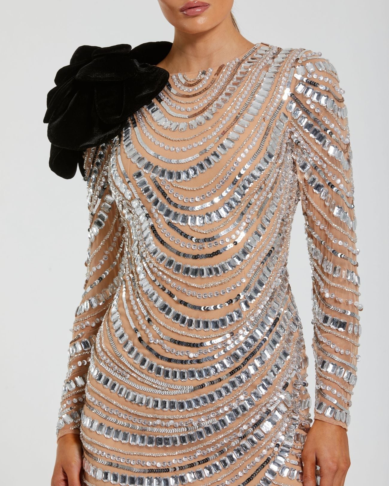 Silver Long Sleeve Embellished Mini Dress with Velvet Flower