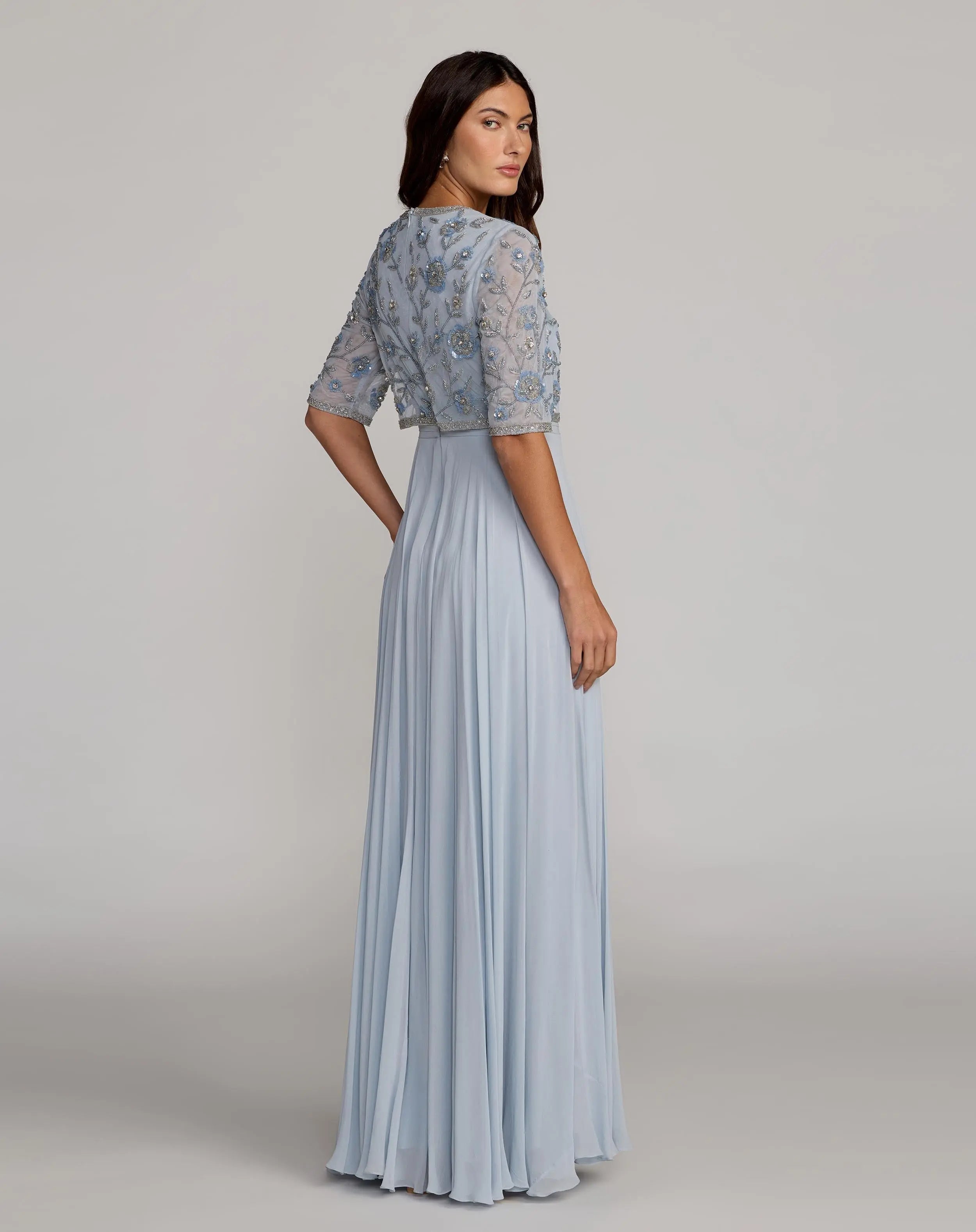 Blue High Neck Embellished Top With Chiffon Skirt Gown
