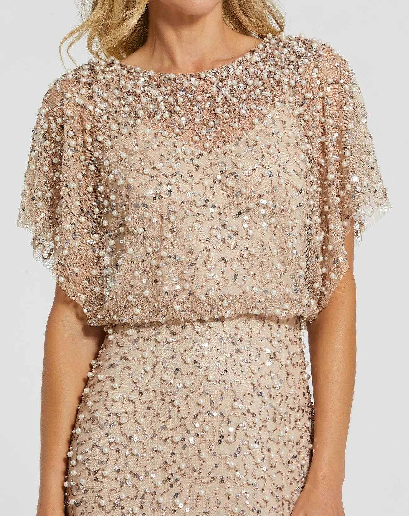 Petite Beige High Neck Short Sleeve Embellished Gown