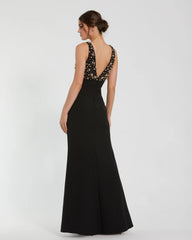 Petite Black Crepe Sleeveless Beaded V Neck Gown With Bow