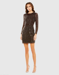 Brown Long Sleeve Sequin Mini Dress